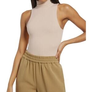 Re Ona Women's Basic Tan Sleeveless Turtleneck Bodysuit